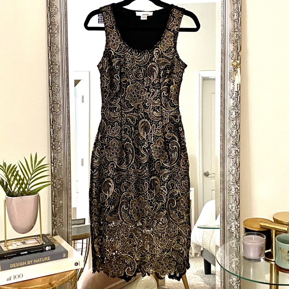 Metallic gold and black lace dress